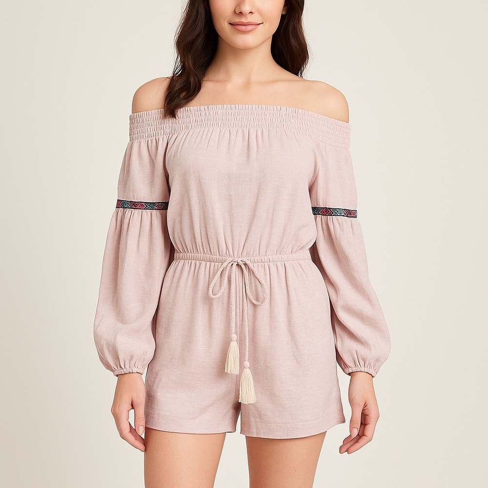 Talori Women Blush Pink Linen Blend‎ Off-Shoulder Romper Tassel Waist Small NEW